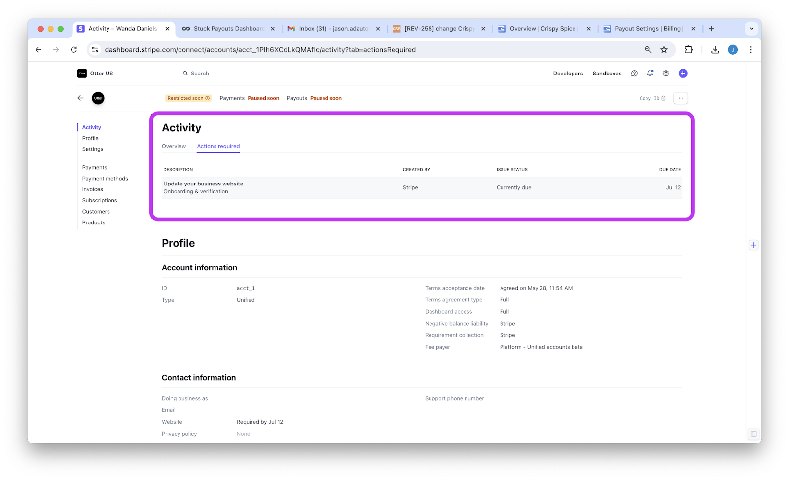 Pronto restringido | Estado de la cuenta de Stripe