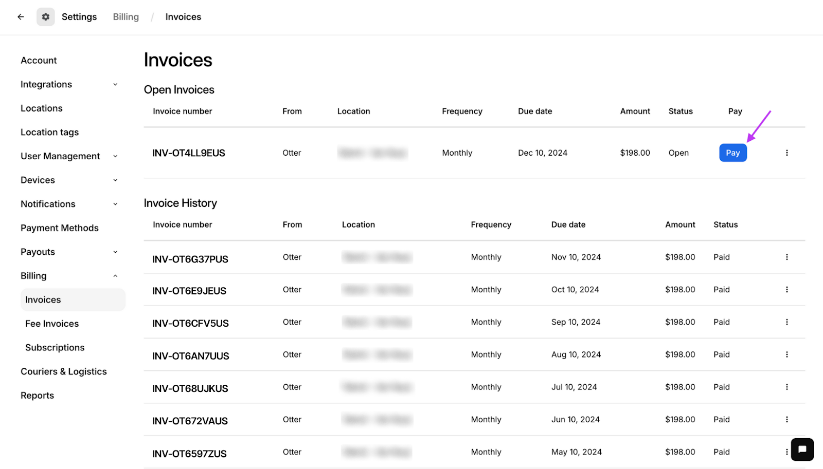 Select [Pay] from the Invoices page