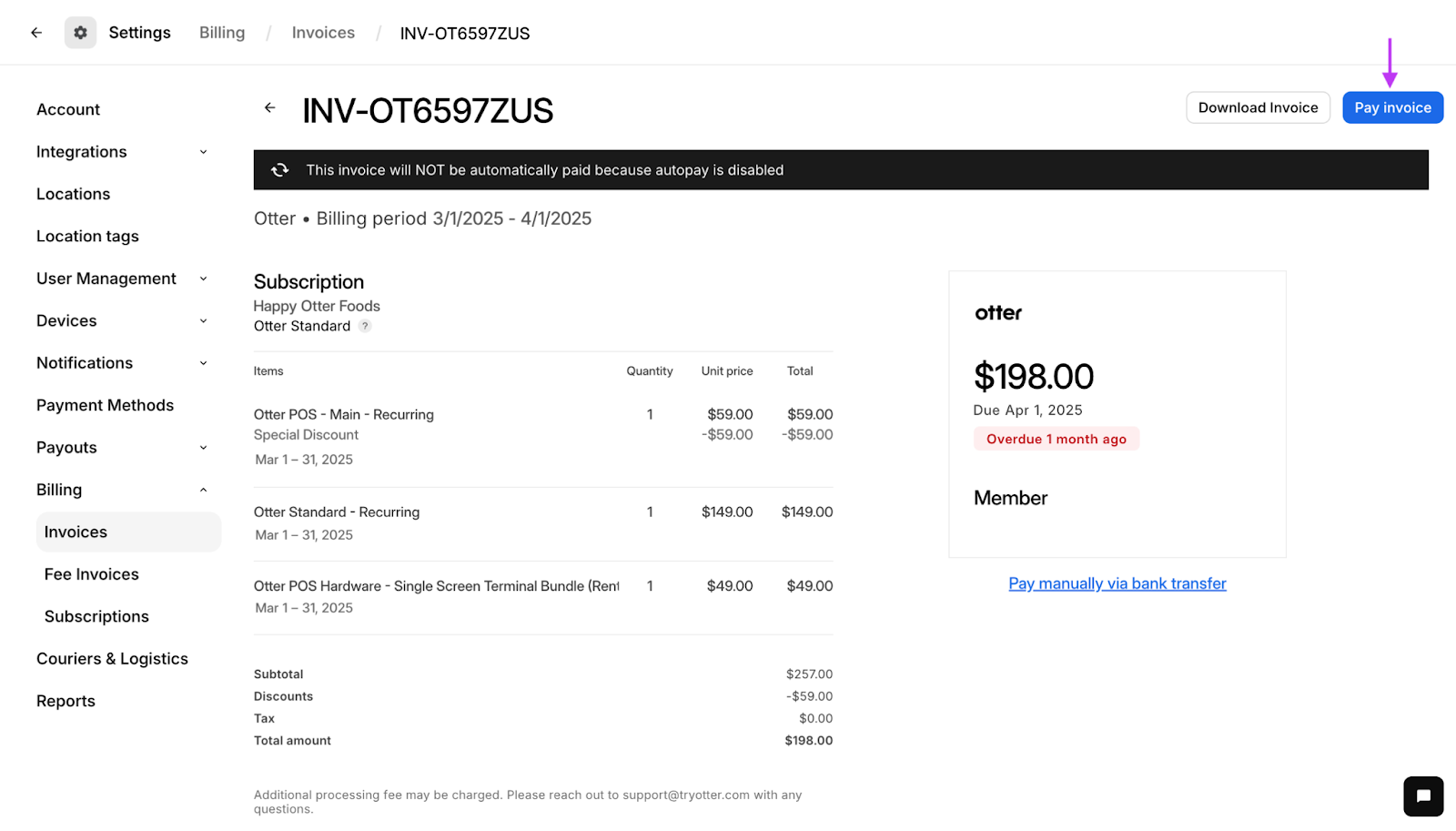 Select [Pay invoice] from the invoice details page