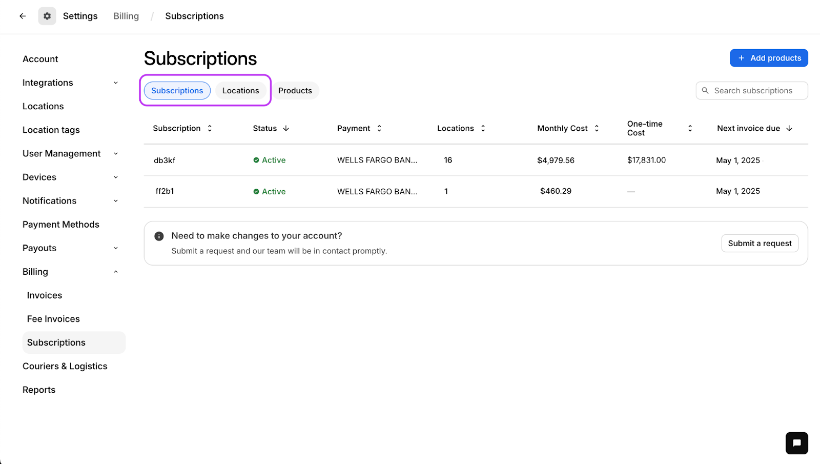 Subscriptions and Locations tabs within Payment Methods