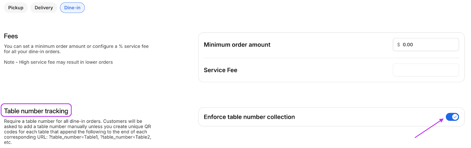 Table Number Toggle ON