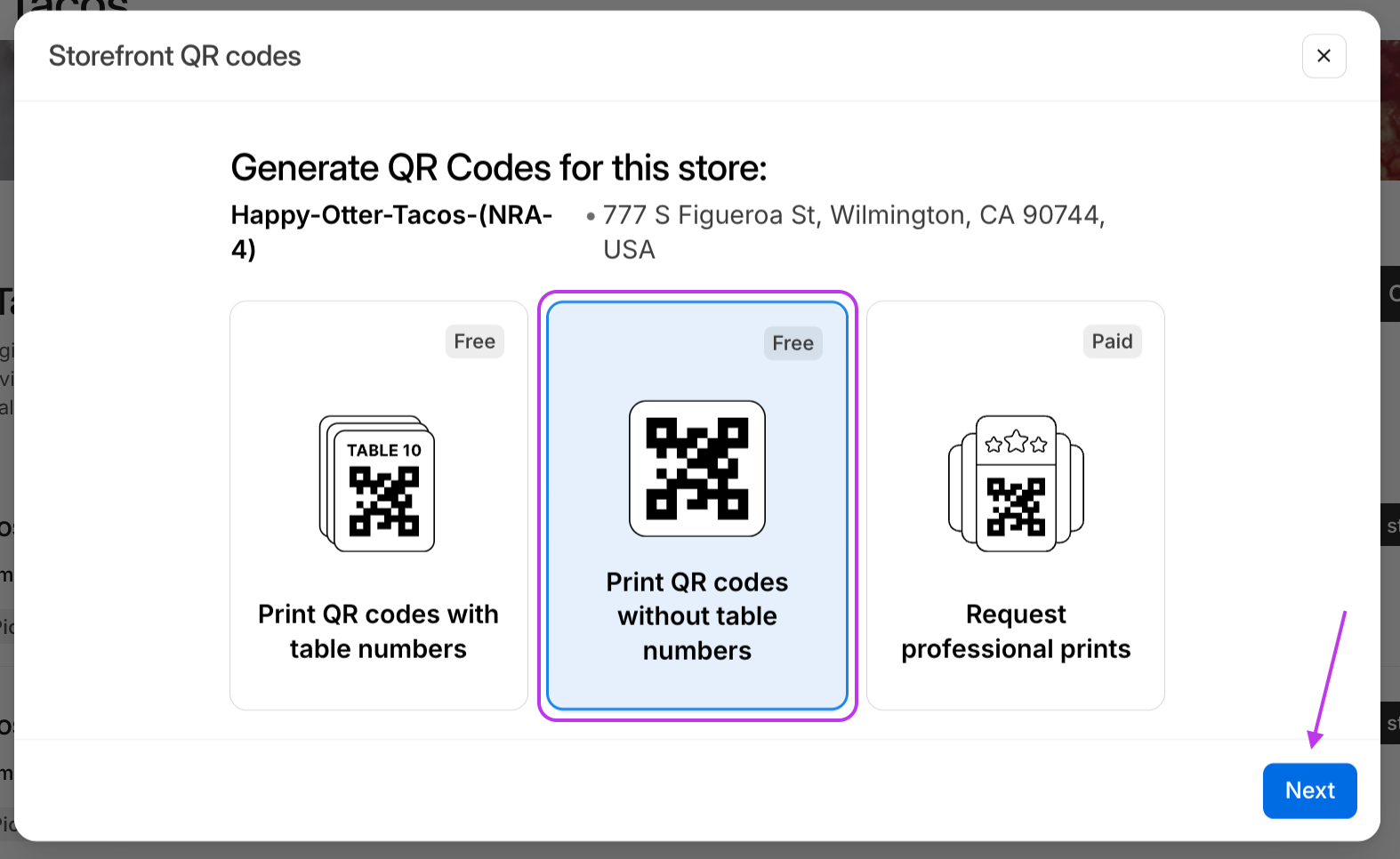 QR Code No Table Numbers Select