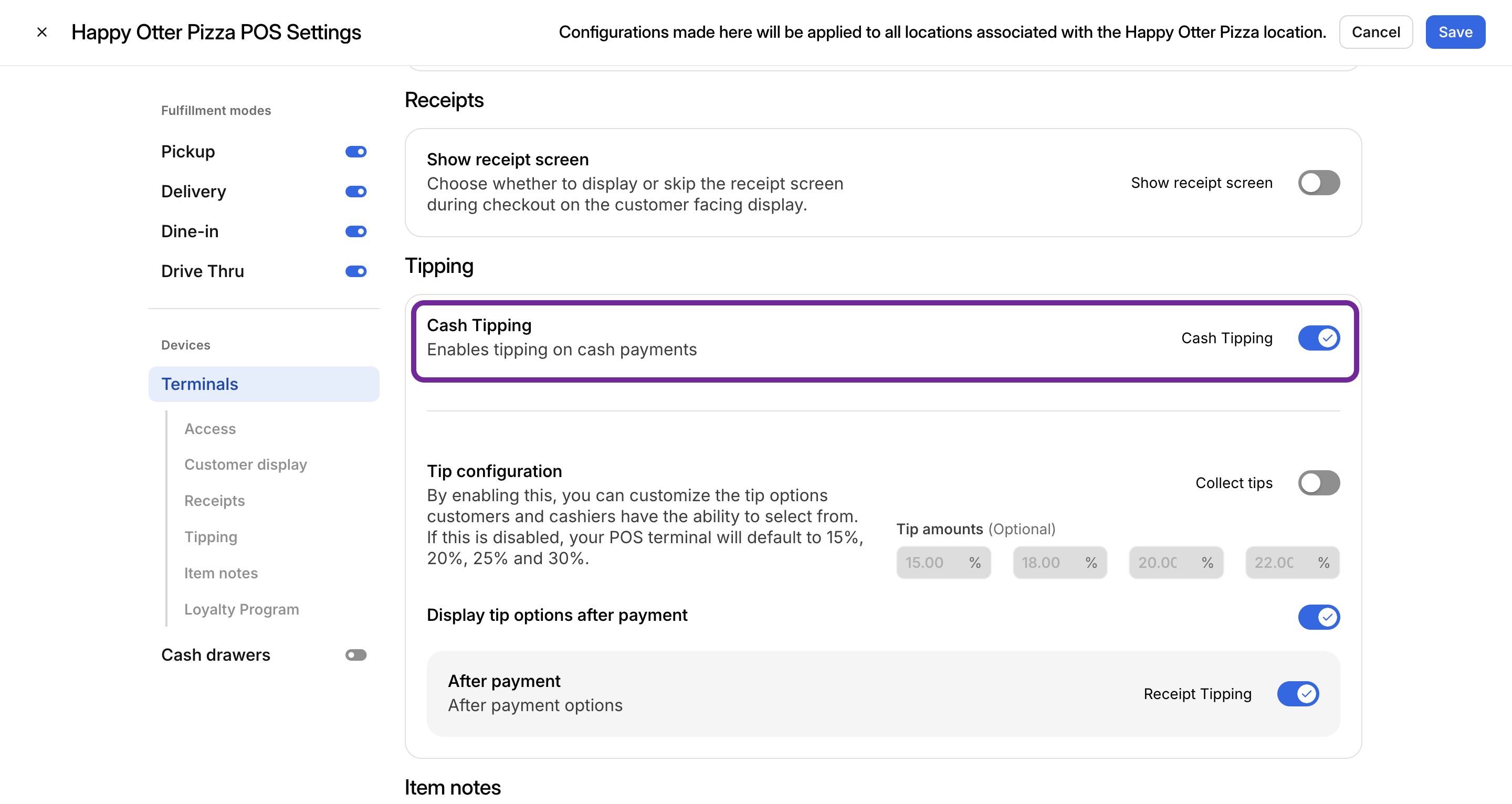 Configuración de propinas en efectivo
