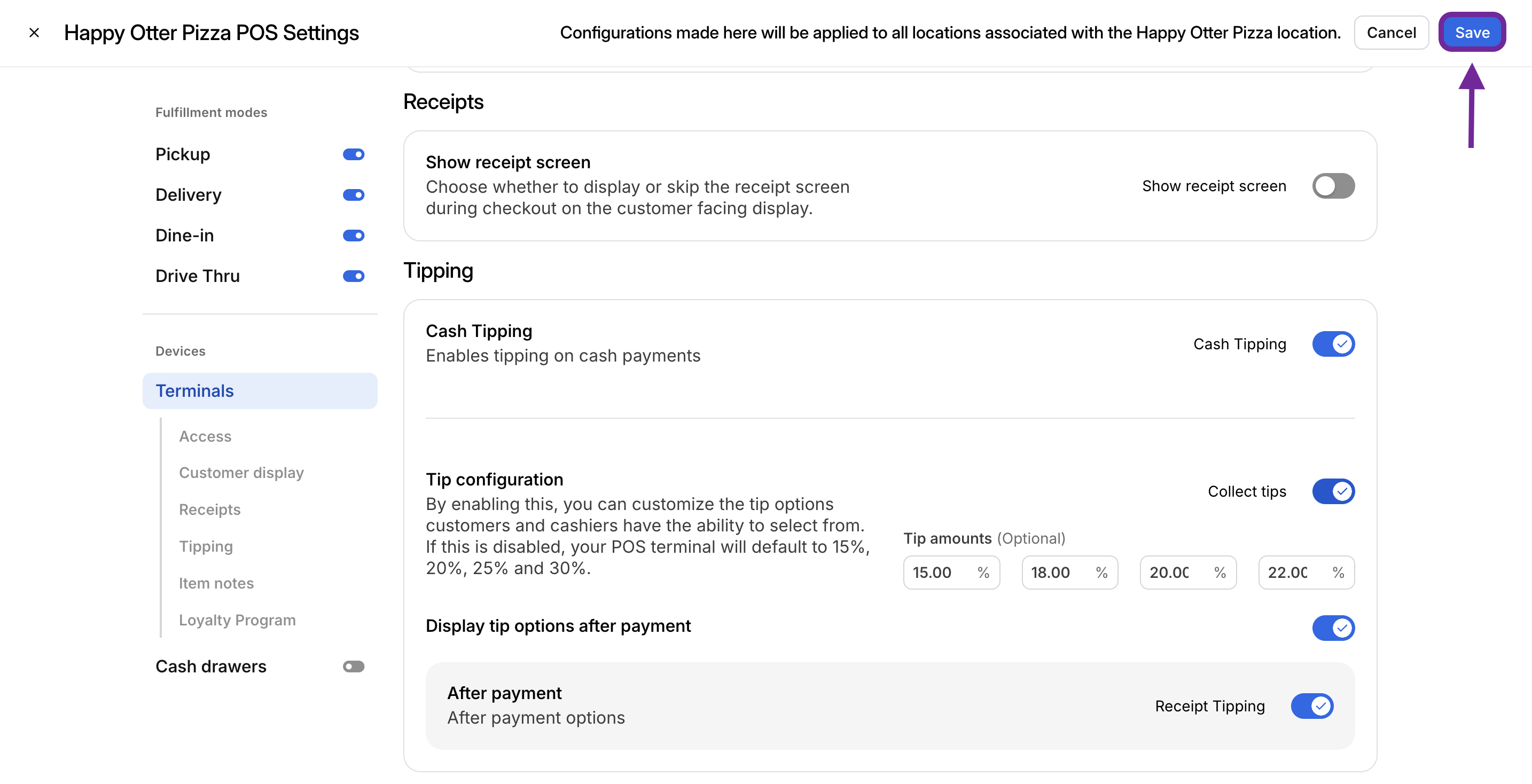 Guardar configuraciones del terminal POS