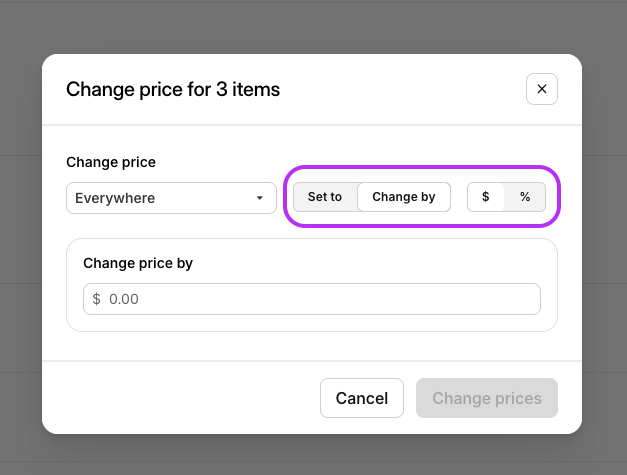 Change Price Percent or Dollar Option