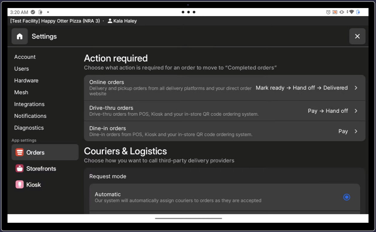 Configuración de la aplicación de pedidos