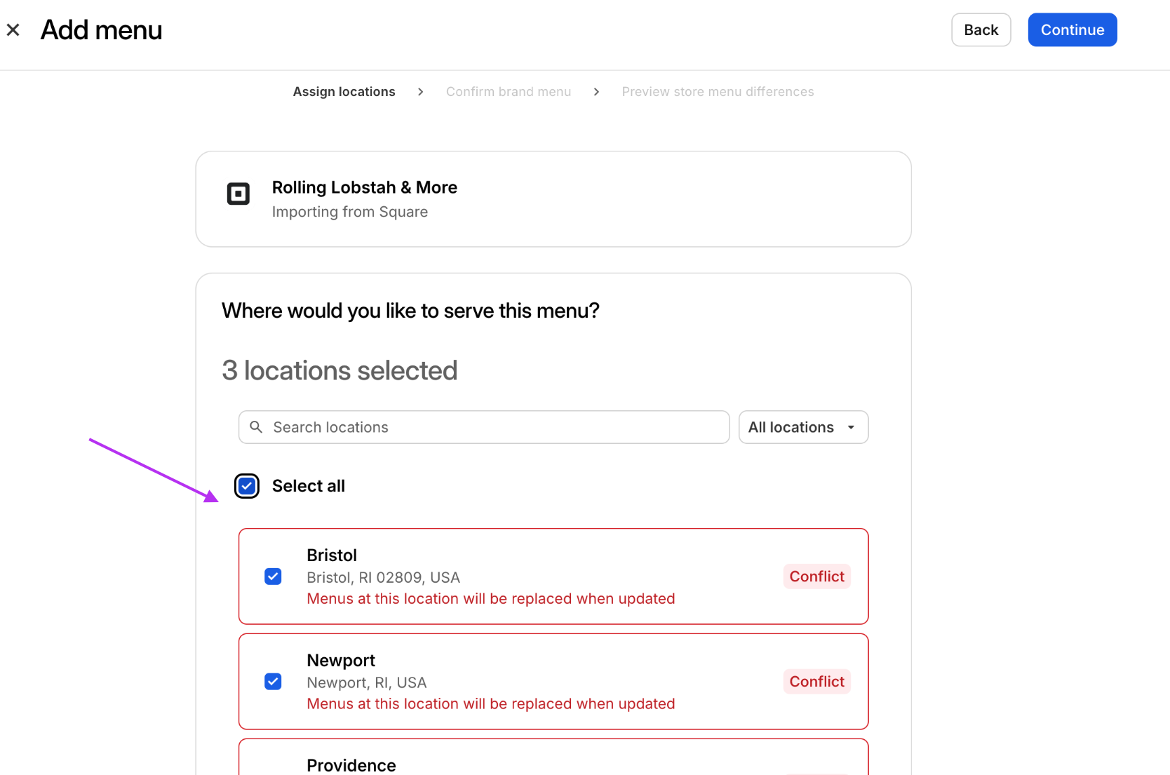 Menu Import Location Select