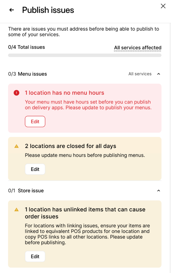 Mensaje de error al publicar el menú