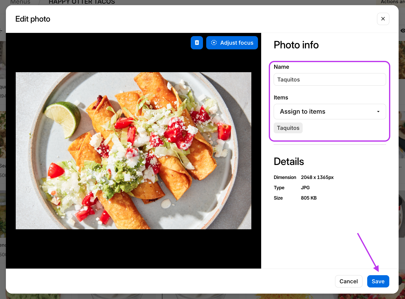 Edit Menu Item Photo