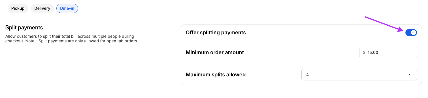 Split Payment Toggle ON