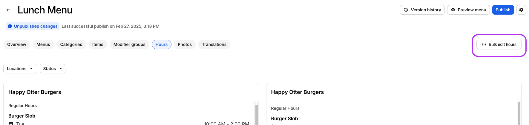 Bulk Edit Hours Button