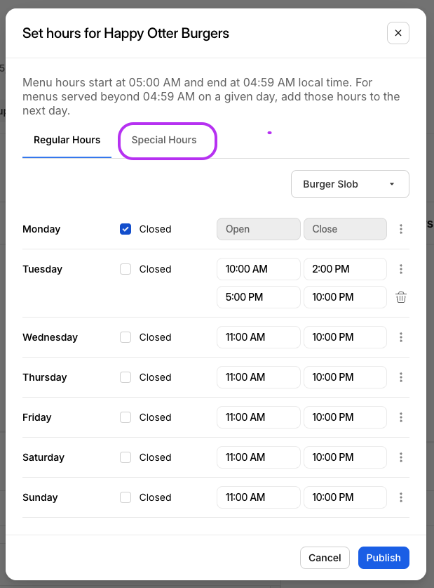 Pestaña de Horarios Especiales