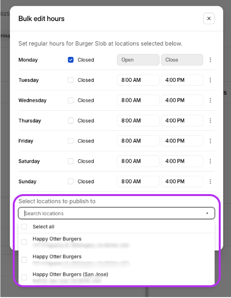 Bulk Hours Select Location