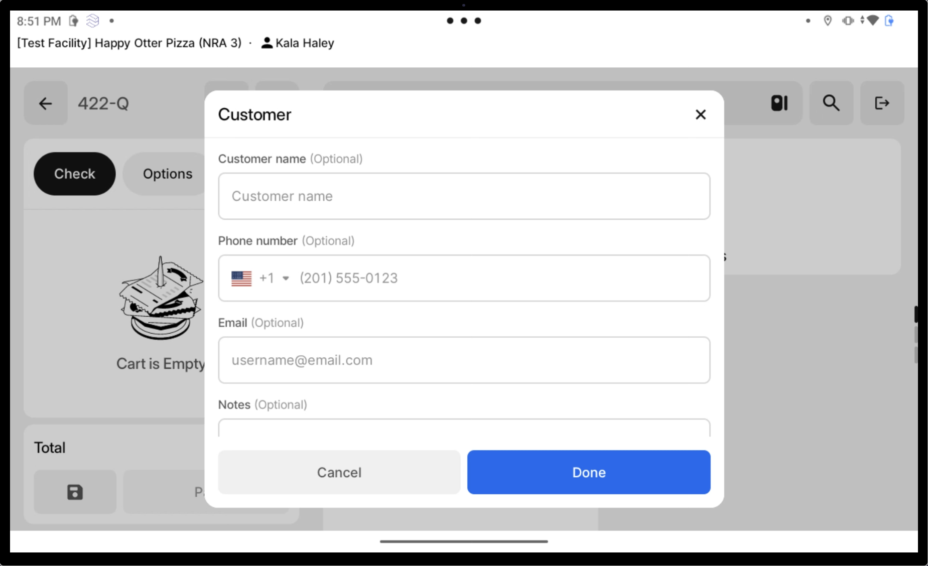 Detalles del cliente para recoger