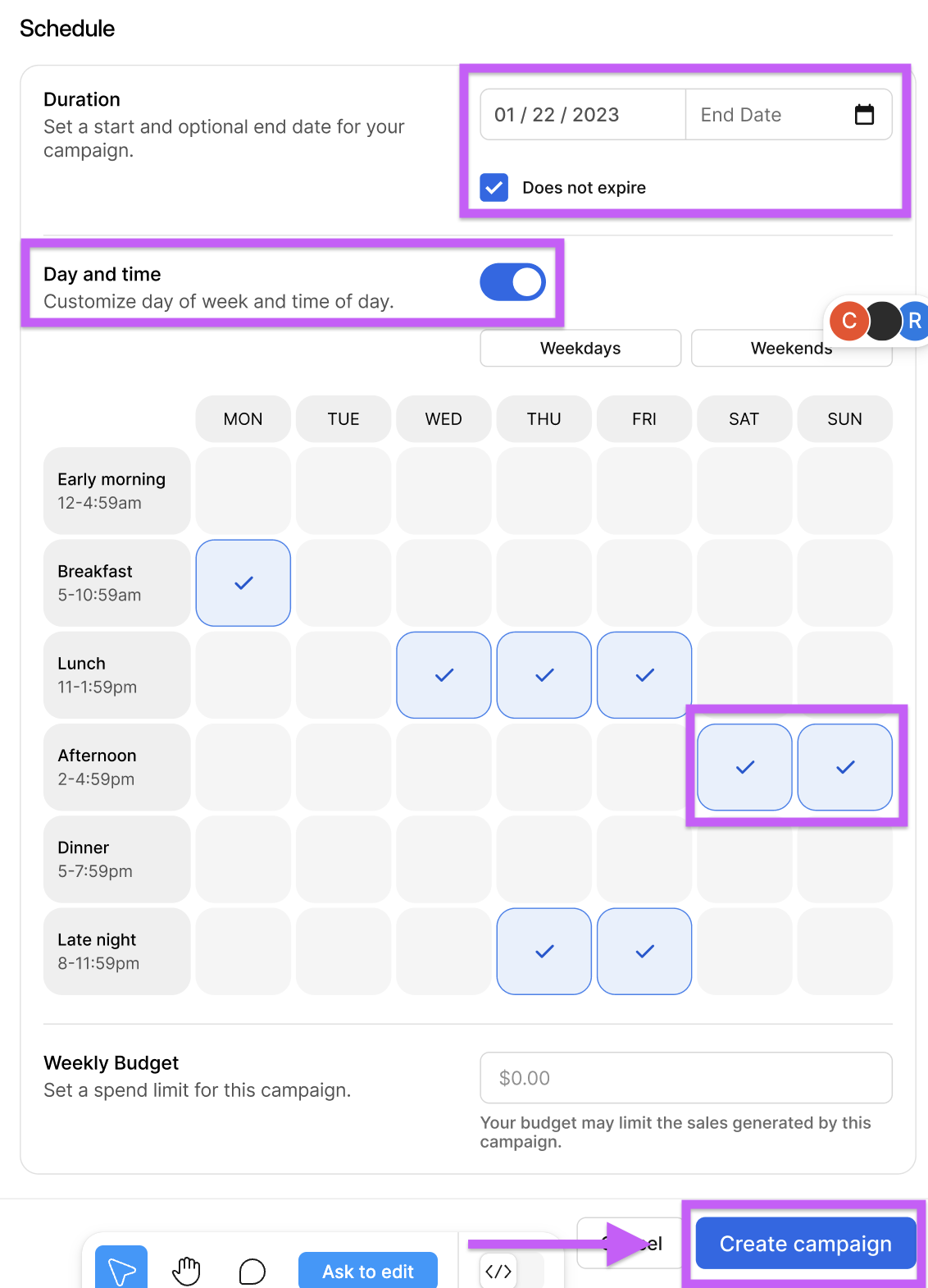 Configure Duration & Day and time settings