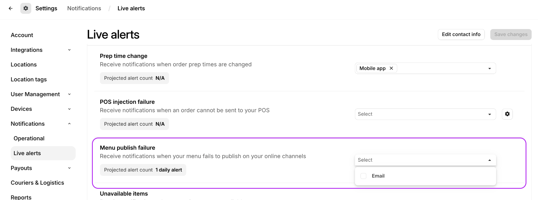 Menu Publish Live Alert