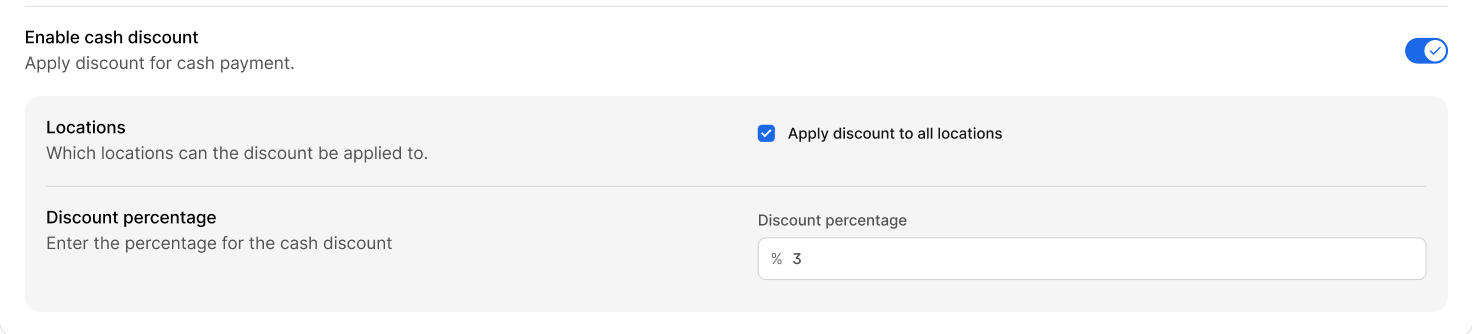 Configuración de descuento en efectivo [Ubicación y porcentaje]