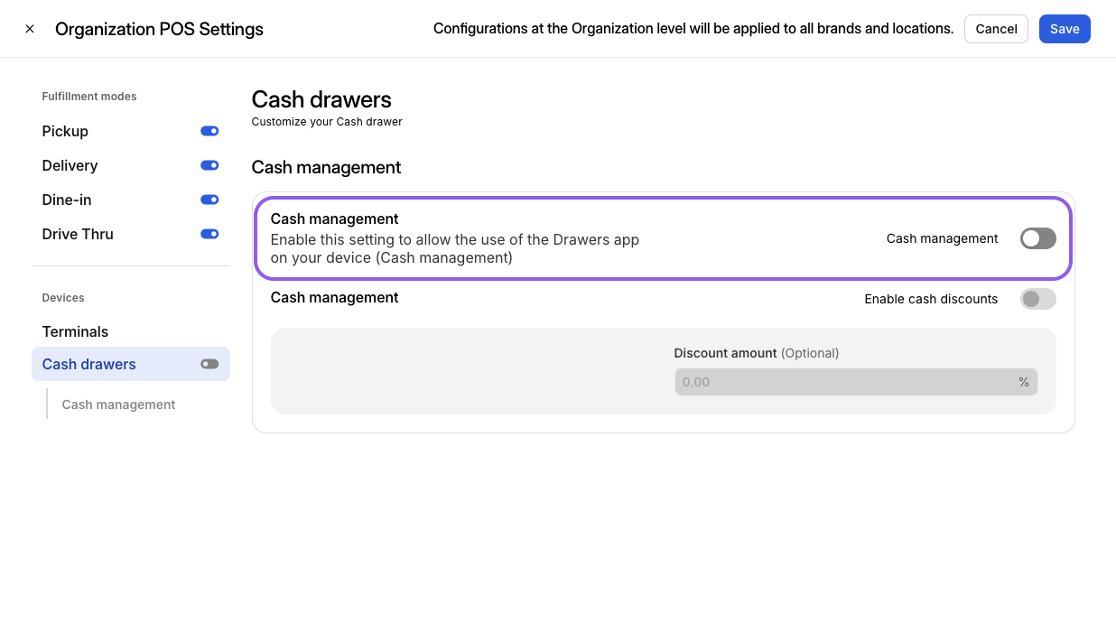 Activar Configuración de Gestión de Efectivo