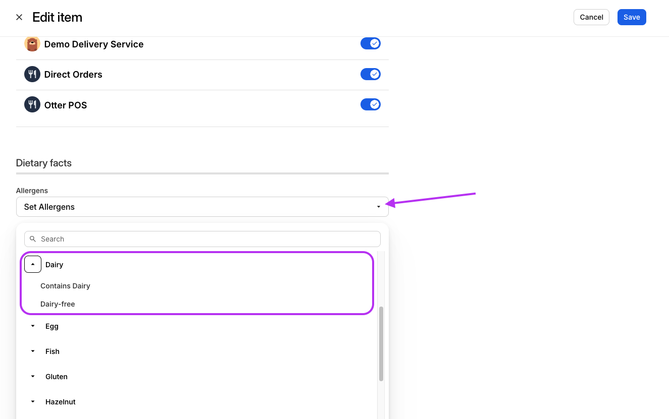 Allergens Drop-down