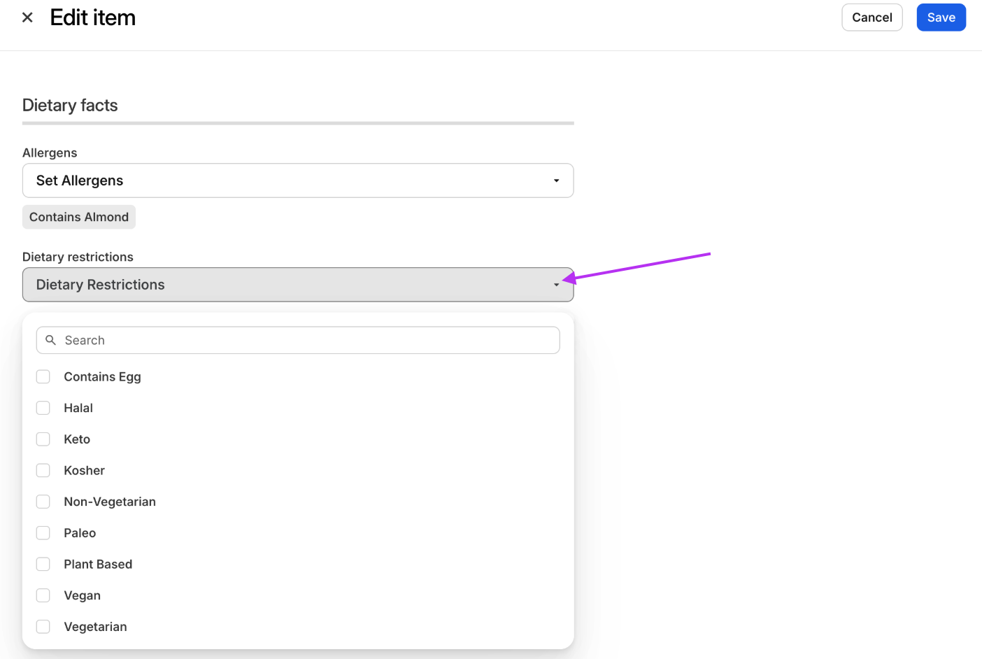 Dietary Restrictions Drop-down