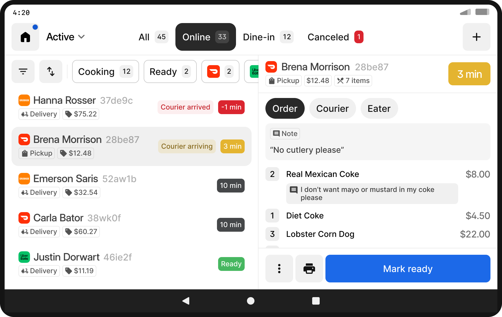 Vue fractionnée de l'application de commandes