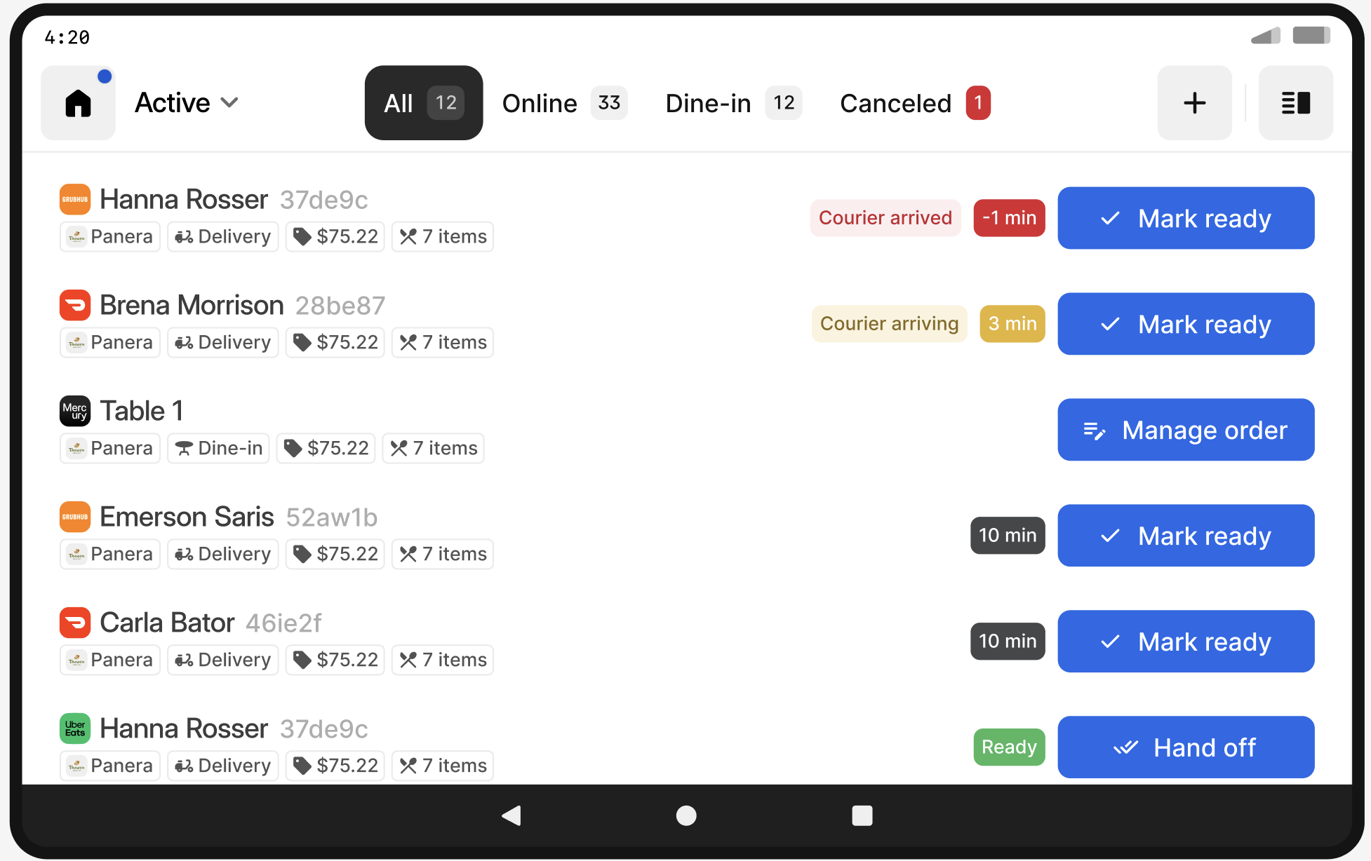 Vue en liste du flux de commandes