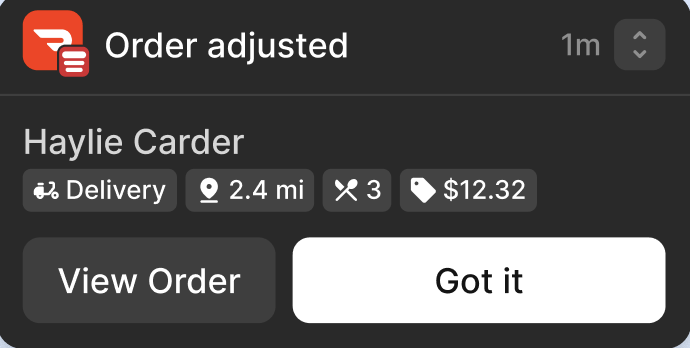 Notification de commande ajustée