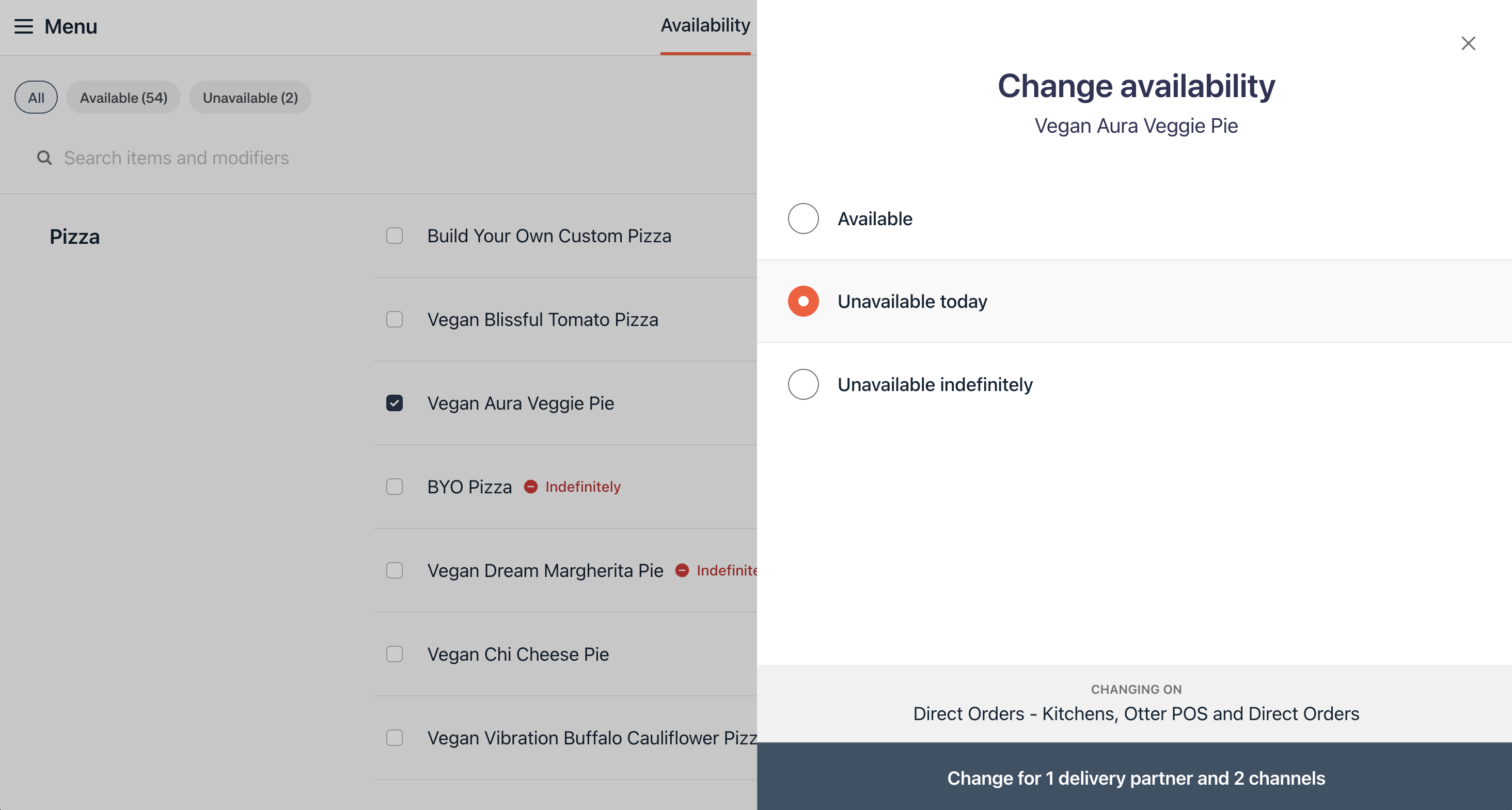 Retrait d'articles et disponibilité du menu dans le gestionnaire de commandes Web