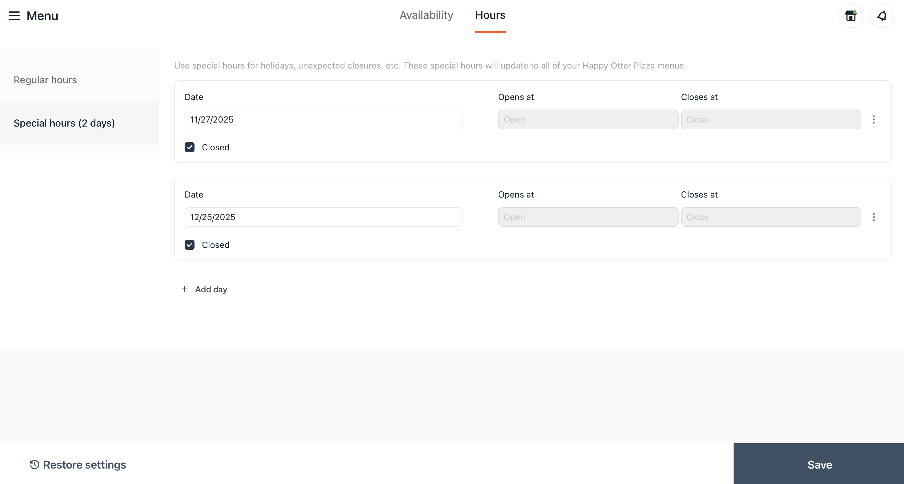 Heures spéciales du menu dans le gestionnaire de commandes Web
