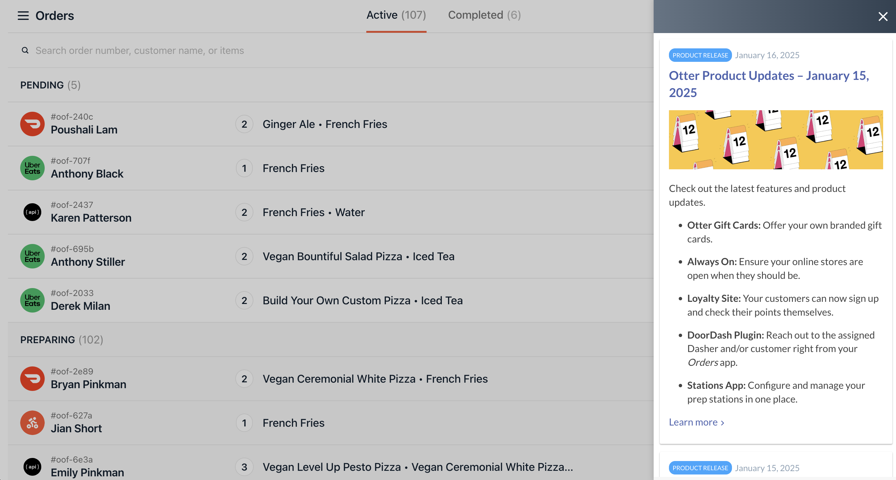 Annonces Otter dans le Gestionnaire de Commandes Web