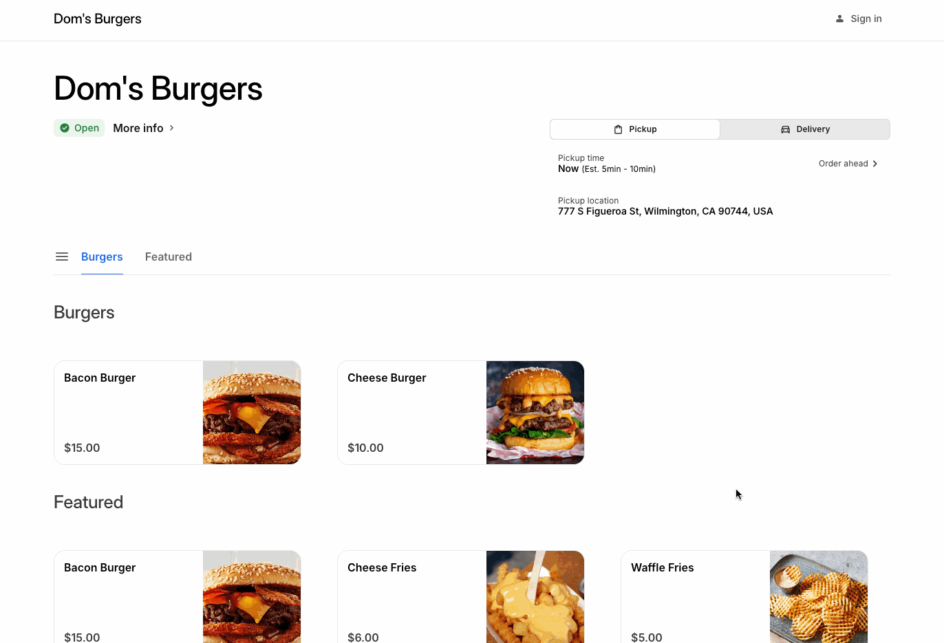 Ventes incitatives du menu Site de commande directe