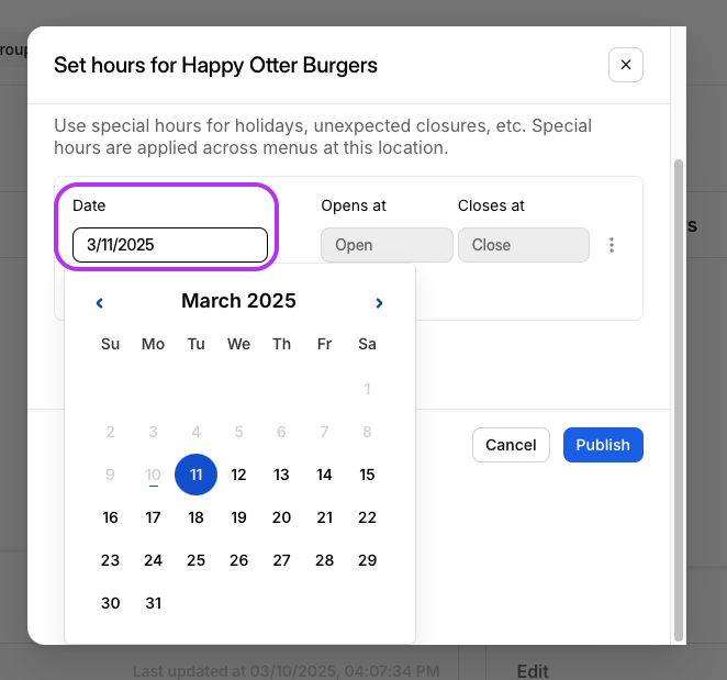 Special Hours Date