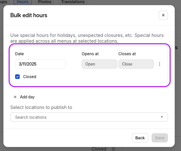 Bulk Time Select Special Hours