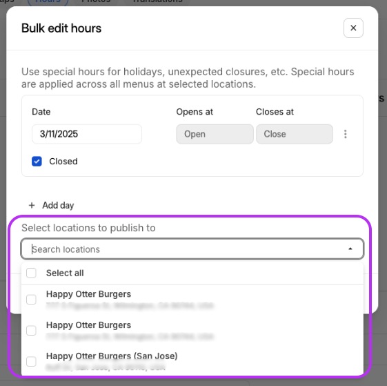 Location Bulk Special Hours