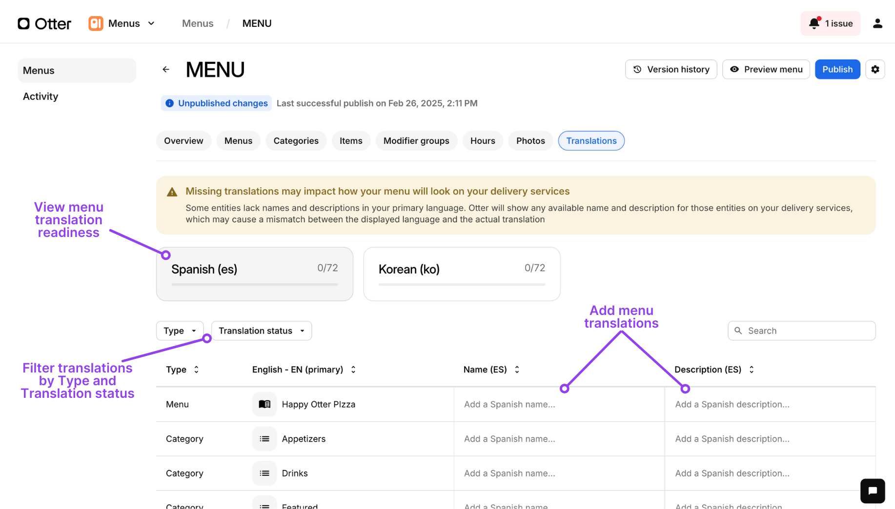 Capacités dans les traductions de menu