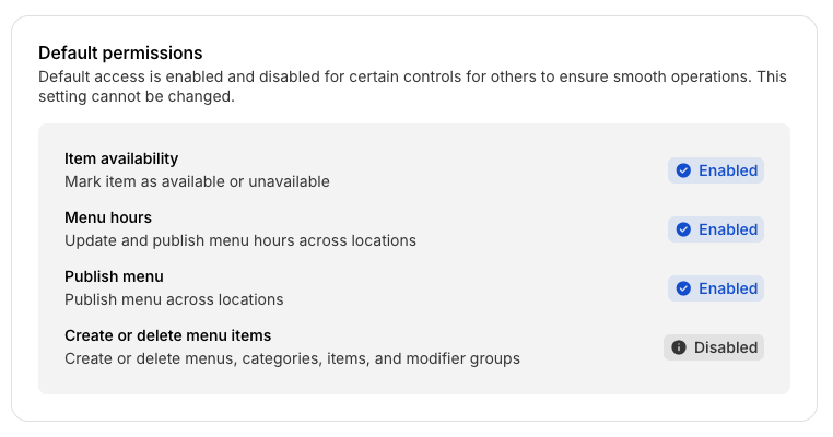 Autorisations de menu par défaut pour les franchisés