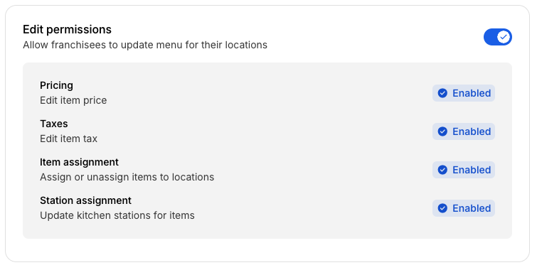 Modifier les autorisations de menu pour les franchisés