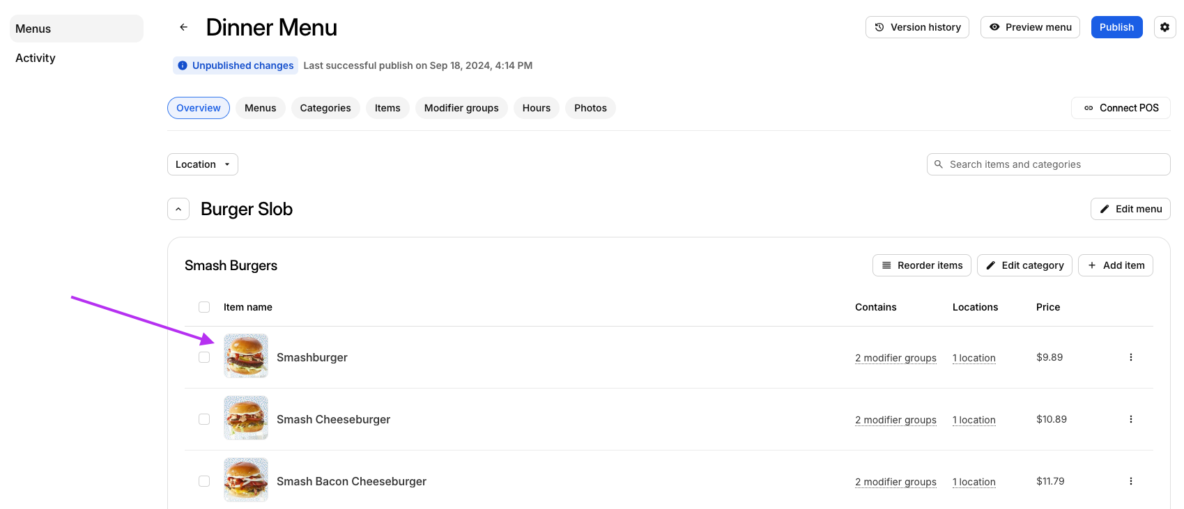 Sélection d'article de menu