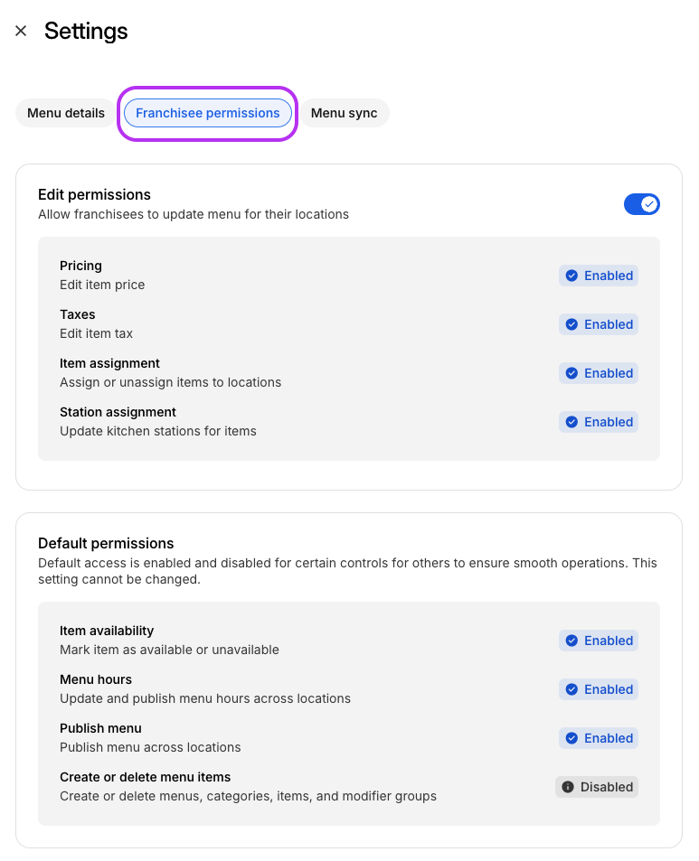 Onglet Autorisations des franchisés