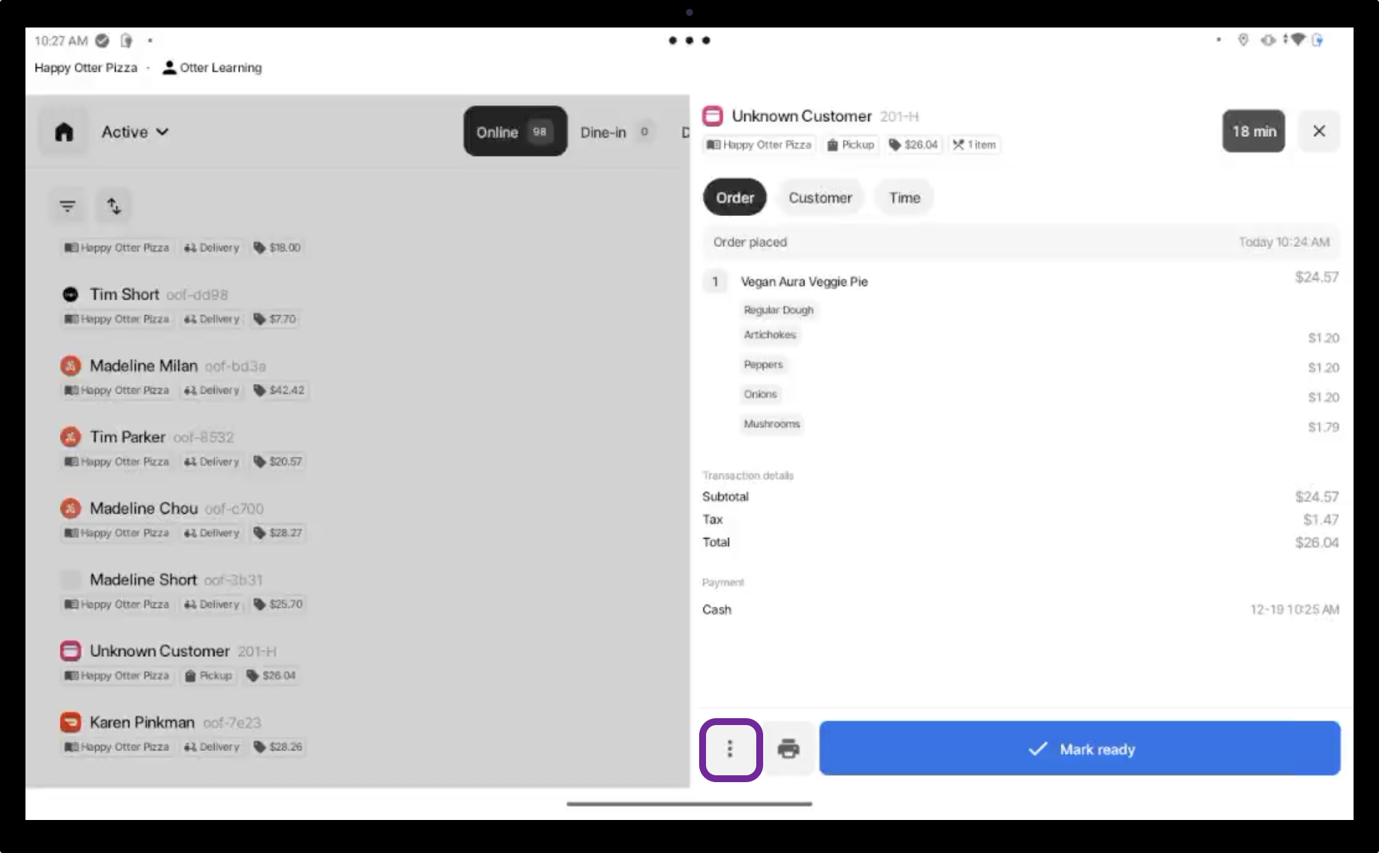 Options de détail de la commande
