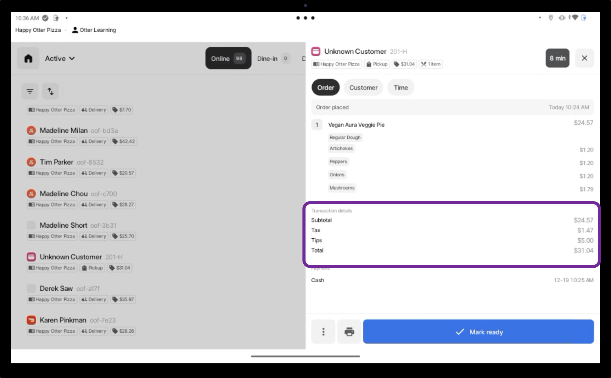 Le pourboire apparaîtra dans les Détails de la Transaction de la commande