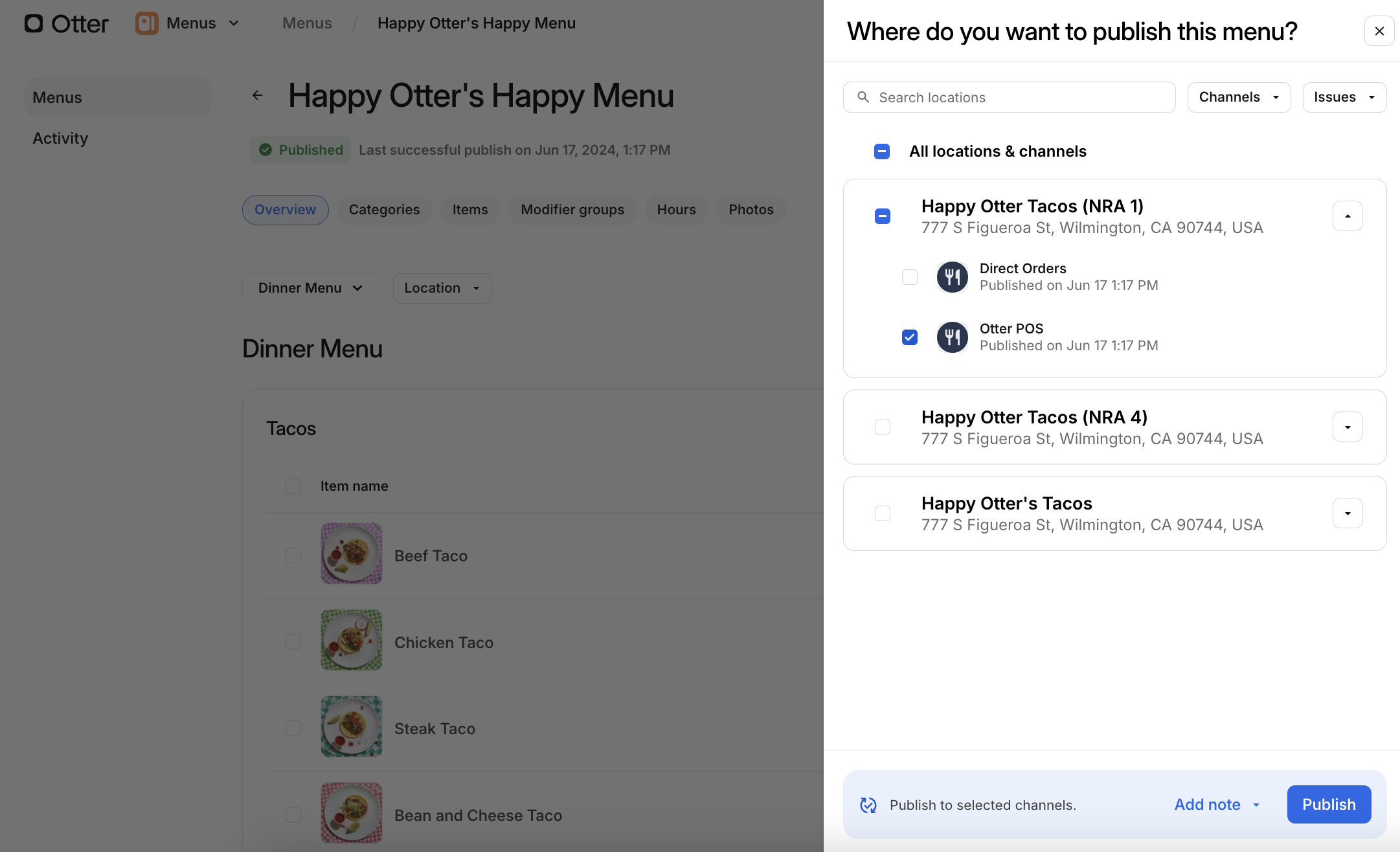 Publier un menu sur Otter POS