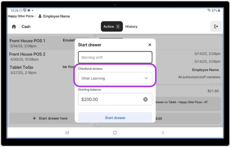 Checkout Access Start Drawer POS