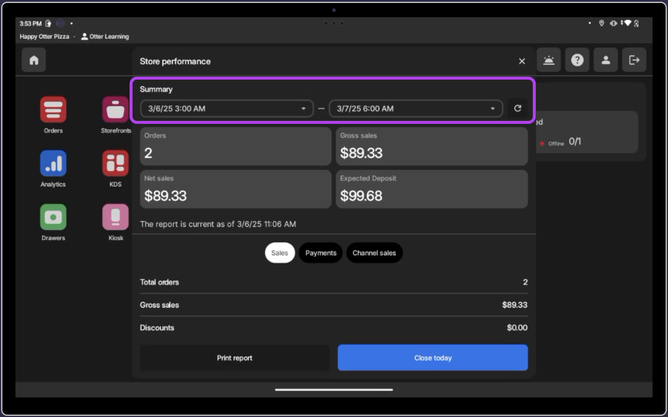 Sélecteur de date pour le rapport de fin de journée