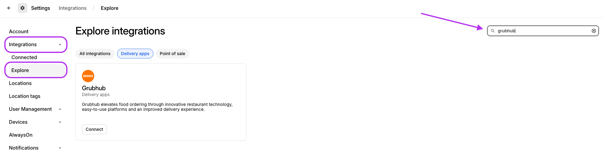 Integrations > Grubhub