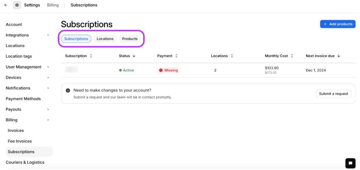 Filter Subscription View by Subscriptions, Locations, or Products
