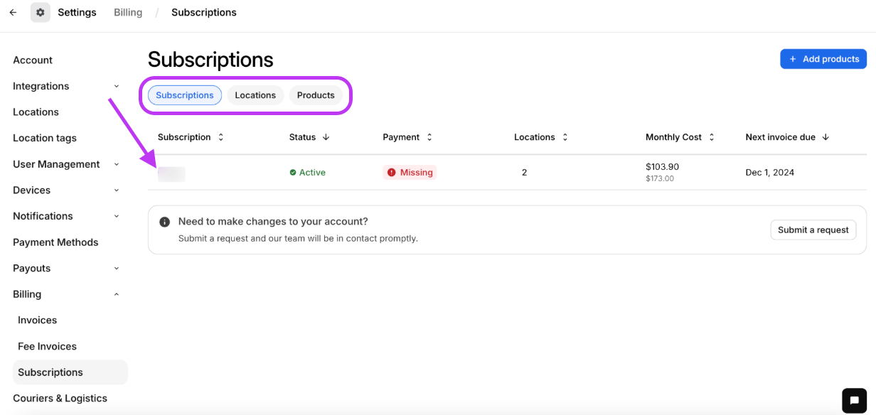 Select the subscription to view the details
