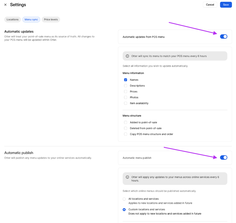 Menu de synchronisation automatique
