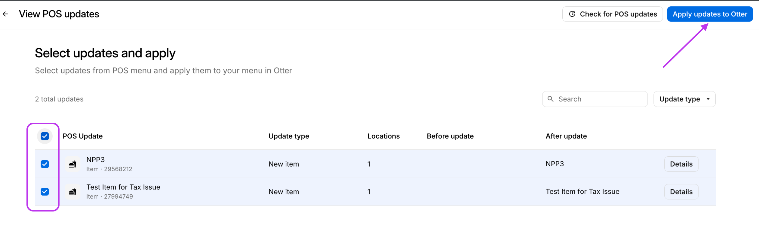 Apply Updates to Otter Menu