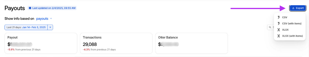 Bouton d'exportation de paiement